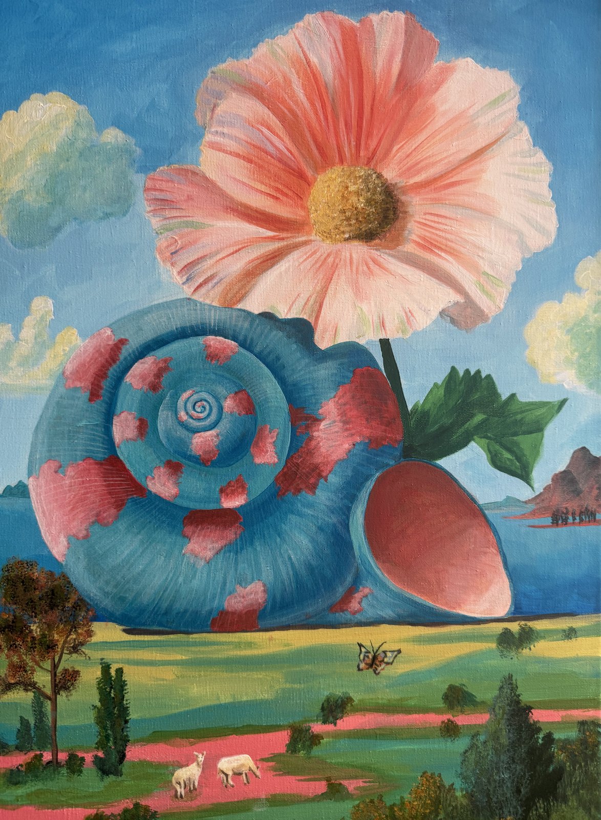 A giant blue-and-pink snail shell beneath an enormous peach flower, a green valley with grazing sheep